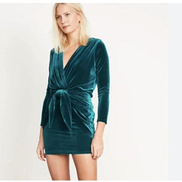 MISA Los Angeles Ophelia Shirred Velvet Mini Dress Teal - Picture 1 of 13